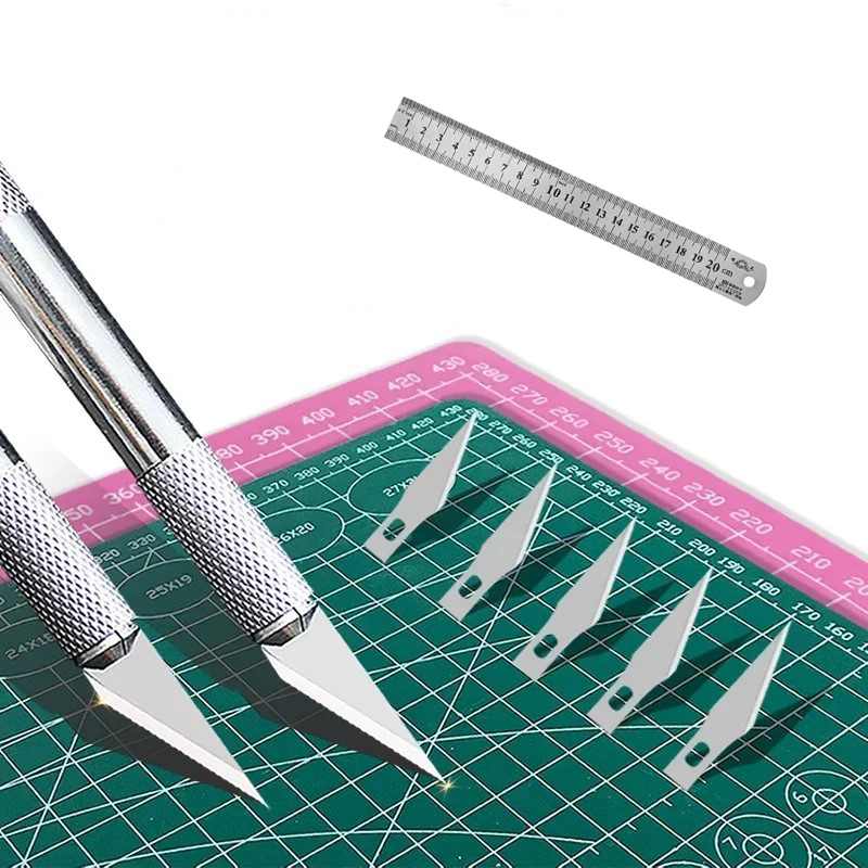 Leatherwork Ruler - A3カッティングパッド彫刻ナイフ/定規セット PVCテーブルパッド レザー加工 耐切創彫刻 学生DIY加工 自己修復パッド
