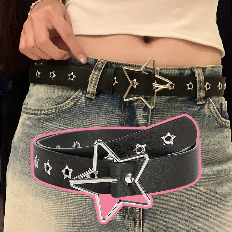 Leatherwork Eyelets - Y2Kパンクスターアイレットブラックリベットベルト ゴスPUレザーベルト レディースジーンズパンツ 男女学生ベルト