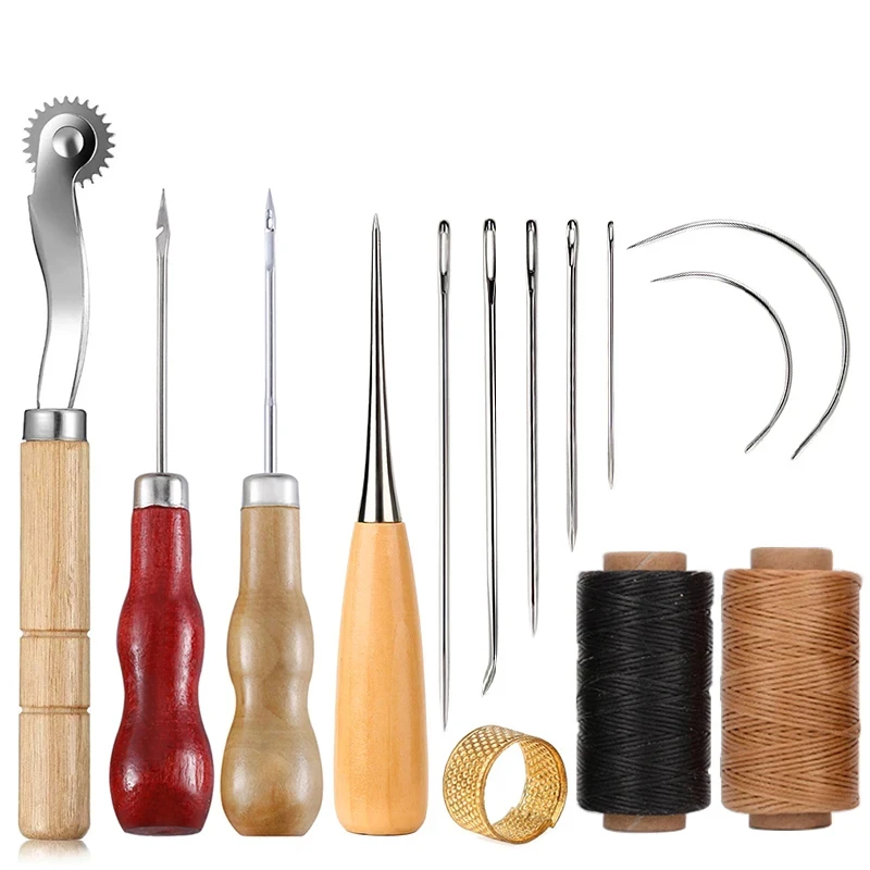Leatherwork Needles - 初心者向けレザークラフトソーイングキット、ワックス糸、木製ハンドル、手縫い針、修理ステッチツール、14個