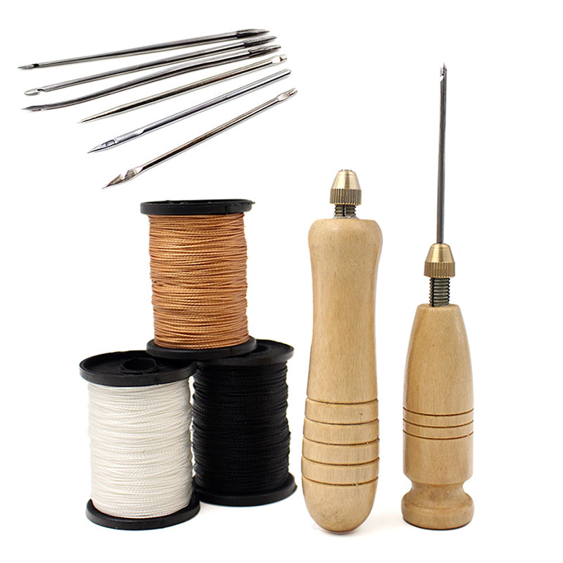 Leatherwork Needles - 1セットDIY革縫い針木製ハンドル付きセット革キャンバス地テント靴修理ツールナイロン糸革縫いキット