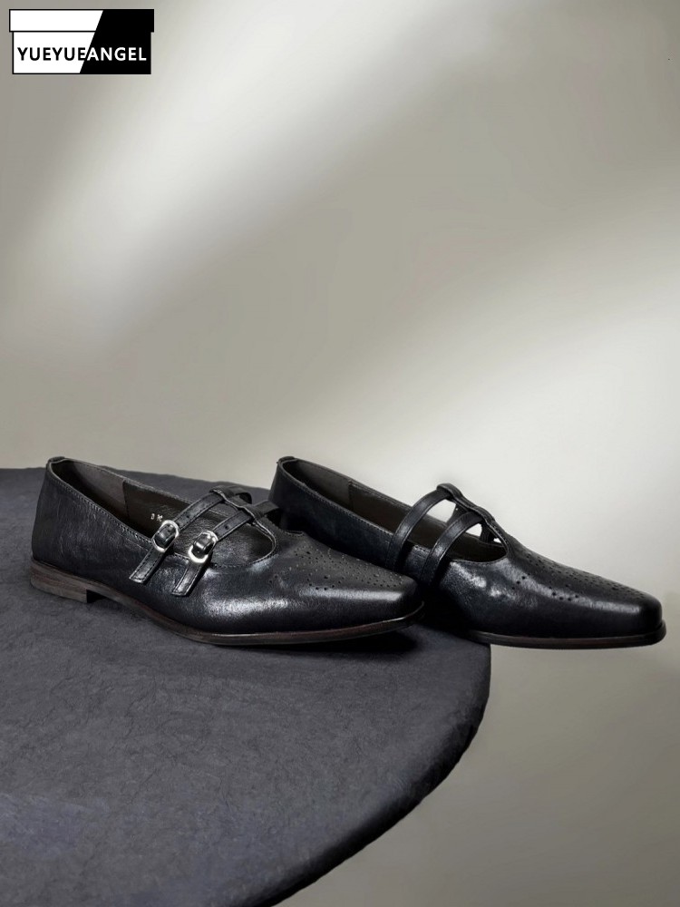 Leatherwork In French - フレンチスタイルのエレガントな女性用バックルストラップスクエアトゥ牛革本革靴ローカットエレガントなレディースワーク快適なフラットシューズ