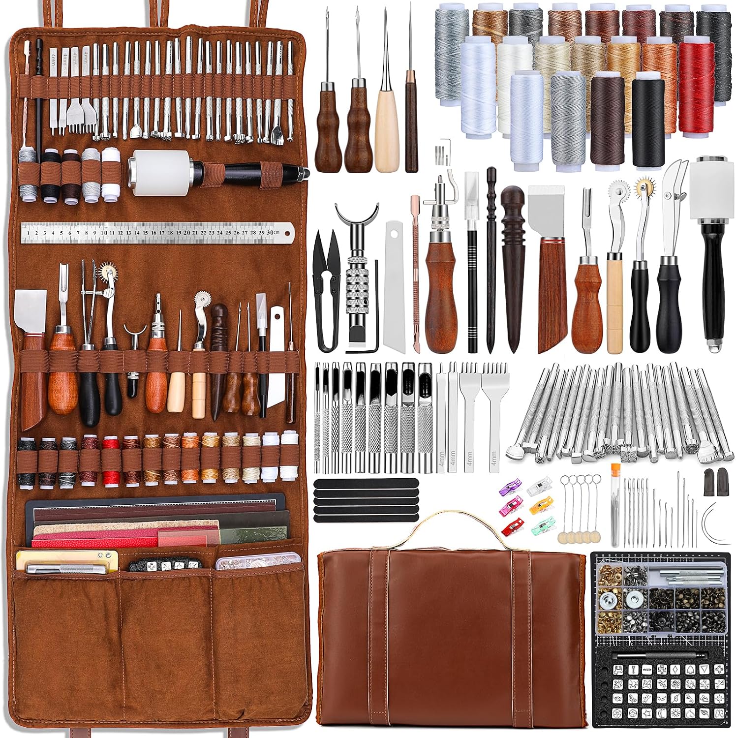 Leather Working - レザーツールキット レザークラフトツール レザーワーキングキット カスタムハンドバッグ用カッティングマット付き 彫刻・パンチング・縫製・スタンピング・サンディングツール 手芸作品用