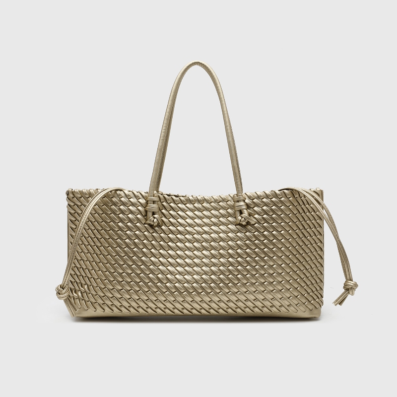 Leather Work Handbag - デザイナー高級PU織りトートバッグ、トップハンドル付き細長いショルダーバッグ、マグネット開閉ポケット付き横型ショッピングバッグ