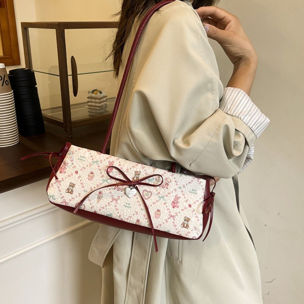 Leatherwork In French - オールマッチ漫画プリントフレンチスティックハンドバッグプリーツリボンボウショルダーバッグ大容量チェック柄布製アンダーアームバッグ仕事用