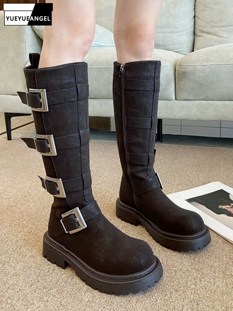 Leather Work Women Shoes - ファッション女性用マルチバックルニーハイブーツ厚底プラットフォームハイカットバイクブーツパンクスタイルワークセーフティナイトシューズ