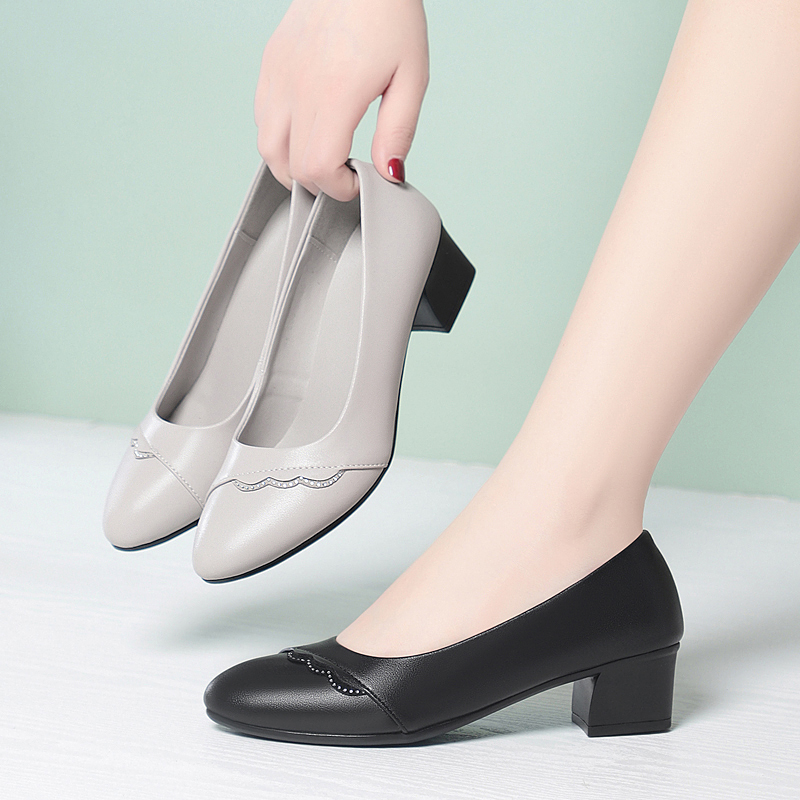 Leather Work Women Shoes - AIYUQI レディース本革パンプス エレガントなブロックヒール ワークシューズ 女性用 ラインストーン