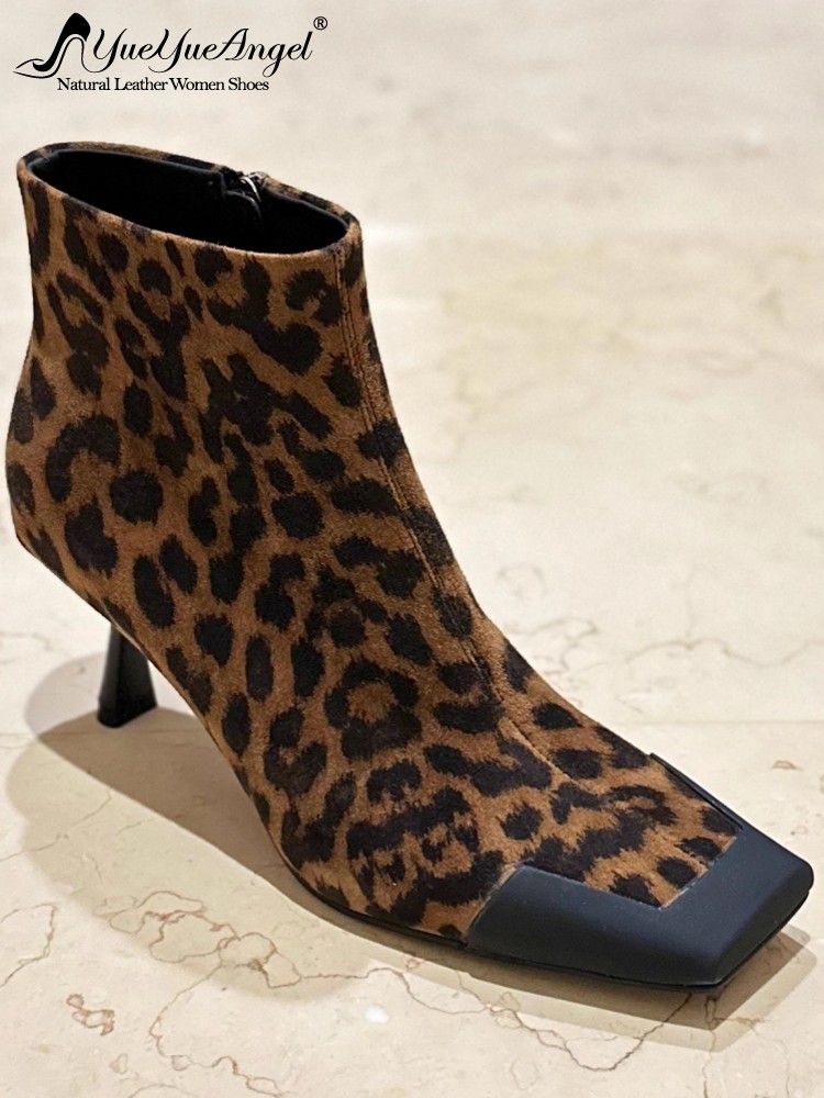 Leather Work Women Shoes - ファッショナブルな女性用スクエアトゥ細ヒールハイカットモダンシューズ、ジッパー付きレオパード柄本革スエードアンクルブーツ、レディースオフィスワークシューズ