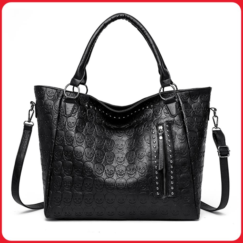 Leather Work Handbag - パンクスカルクロスボディバッグ PU レザースタッズファッションハンドバッグ大容量サッチェル財布女性用仕事ショッピング