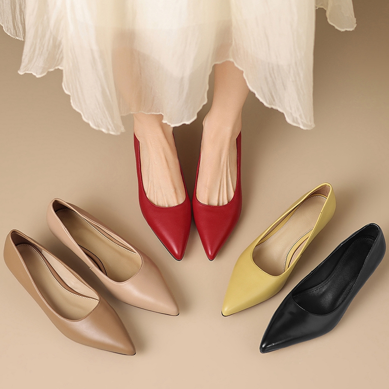 Leather Work Women Shoes - 女性の新しい春と秋の本革牛革ポインテッドトゥミッドヒールシンプルな通勤気質シングルシューズワークシューズ
