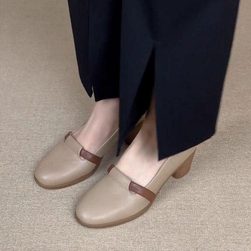 Leatherwork In French - 女性のレトロなフレンチスタイルのローファーシューズソフトレザーラウンドトゥスリッポンオフィスワークシューズミッドヒール4センチ快適なカジュアルミュール
