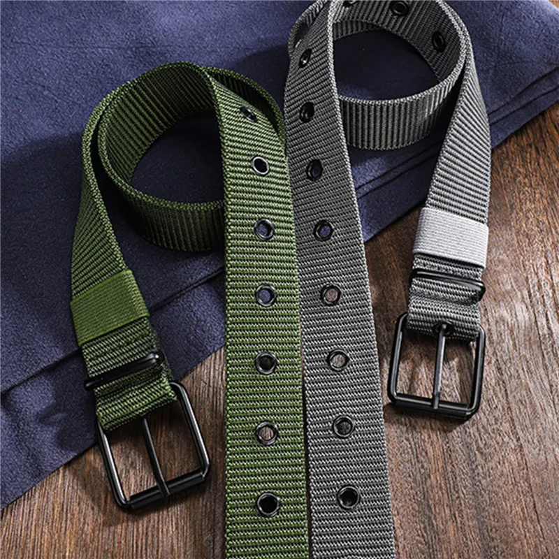 新しい男性ベルト多孔質キャンバスピンバックル革ベルトアウトド - Leatherwork Eyelets のレビューと価格