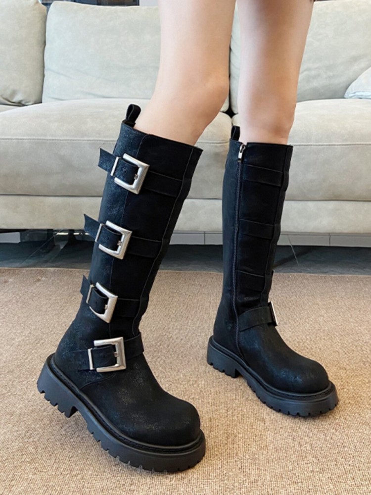 ファッション女性用マルチバックルニーハイブーツ厚底プラットフ - Leather Work Women Shoes のレビューと価格