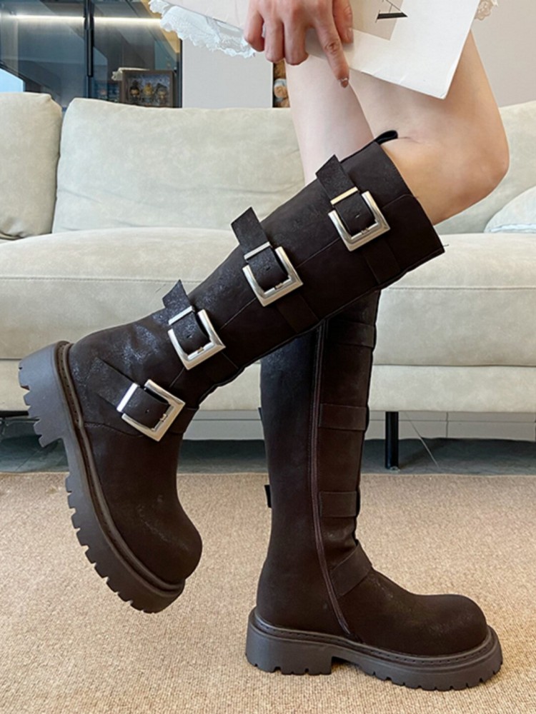 ファッション女性用マルチバックルニーハイブーツ厚底プラットフ - Leather Work Women Shoes のレビューと価格