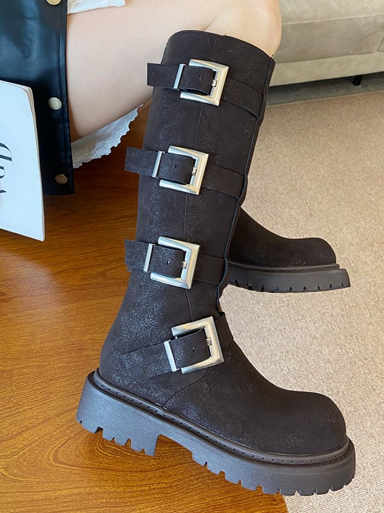 ファッション女性用マルチバックルニーハイブーツ厚底プラットフ - Leather Work Women Shoes のレビューと価格