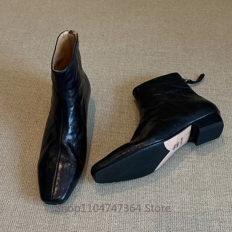 シープスキン レトロ フレンチ スクエアトゥ アンクルブーツ - Leather Work Women Shoes のレビューと価格