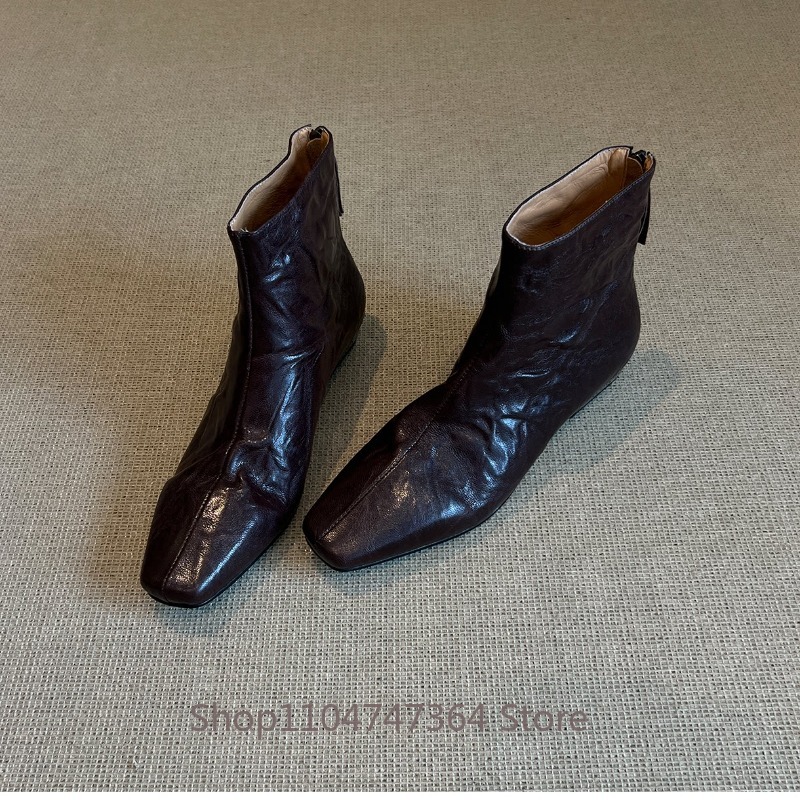 シープスキン レトロ フレンチ スクエアトゥ アンクルブーツ - Leather Work Women Shoes のレビューと価格