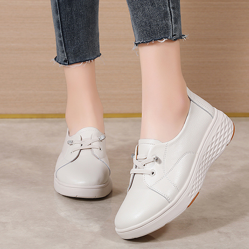 春秋の女性の快適な白い靴仕事用厚いヒールプラットフォーム本革 - Leather Work Women Shoes のレビューと価格