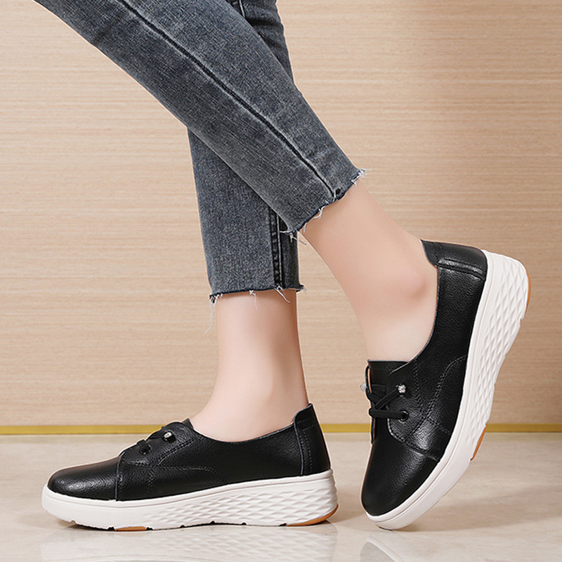 春秋の女性の快適な白い靴仕事用厚いヒールプラットフォーム本革 - Leather Work Women Shoes のレビューと価格