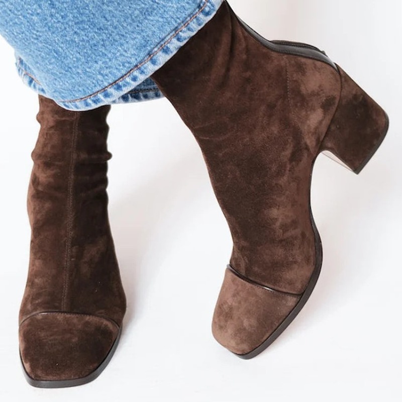 スエードレザーの女性のブーツポインテッドトゥジッパー付きウエ - Leather Work Women Shoes のレビューと価格