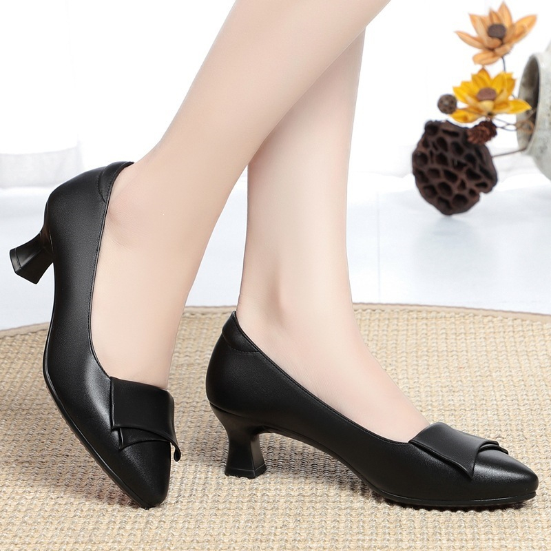 春秋の本革ポインテッドトゥミッドブロックヒールソフトソール快 - Leather Work Women Shoes のレビューと価格