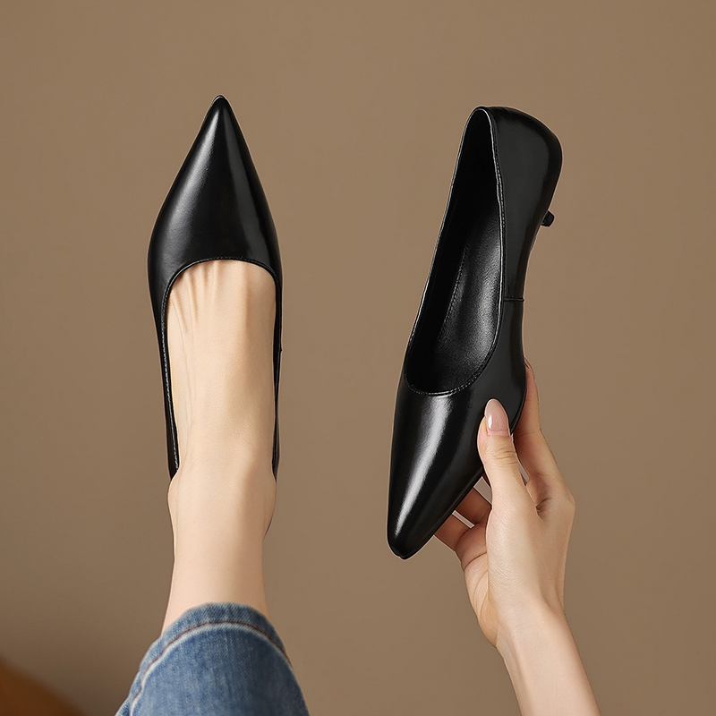 女性の新しい春と秋の本革牛革ポインテッドトゥミッドヒールシン - Leather Work Women Shoes のレビューと価格