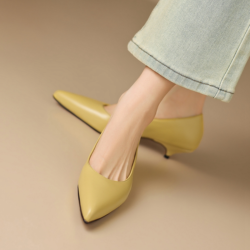 女性の新しい春と秋の本革牛革ポインテッドトゥミッドヒールシン - Leather Work Women Shoes のレビューと価格
