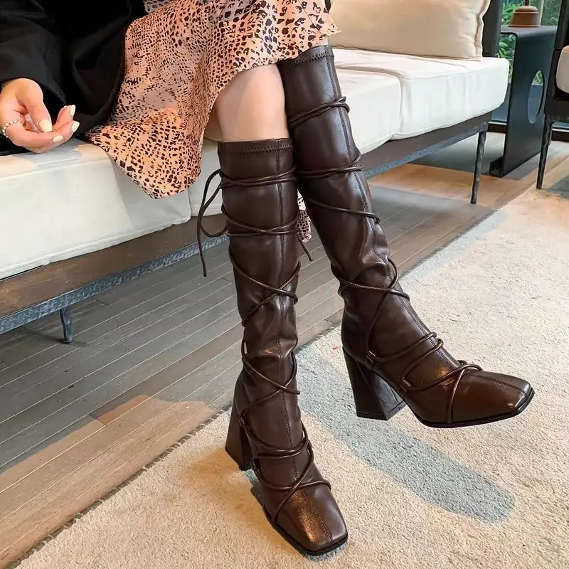 秋冬レザーストラップニーハイシューズ女性用ワークオンオファー - Leather Work Women Shoes のレビューと価格